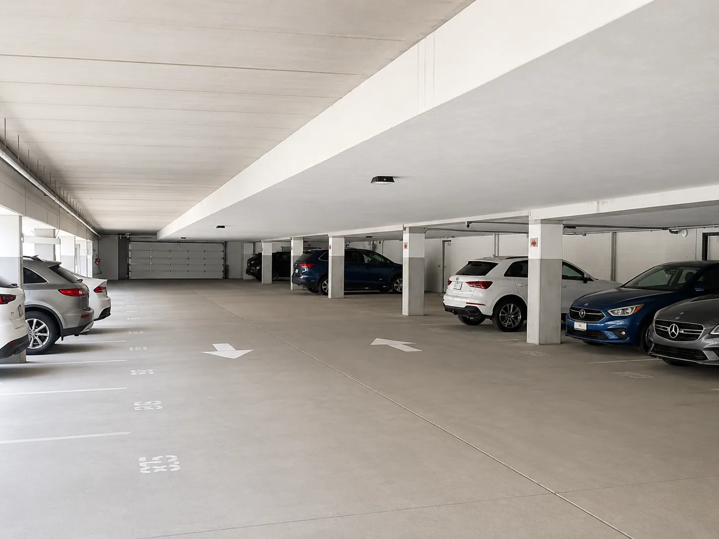 The covered, secured parking at River Rock: a bright concrete garage with numbered spaces, parked cars, and the overhead door at the far end.