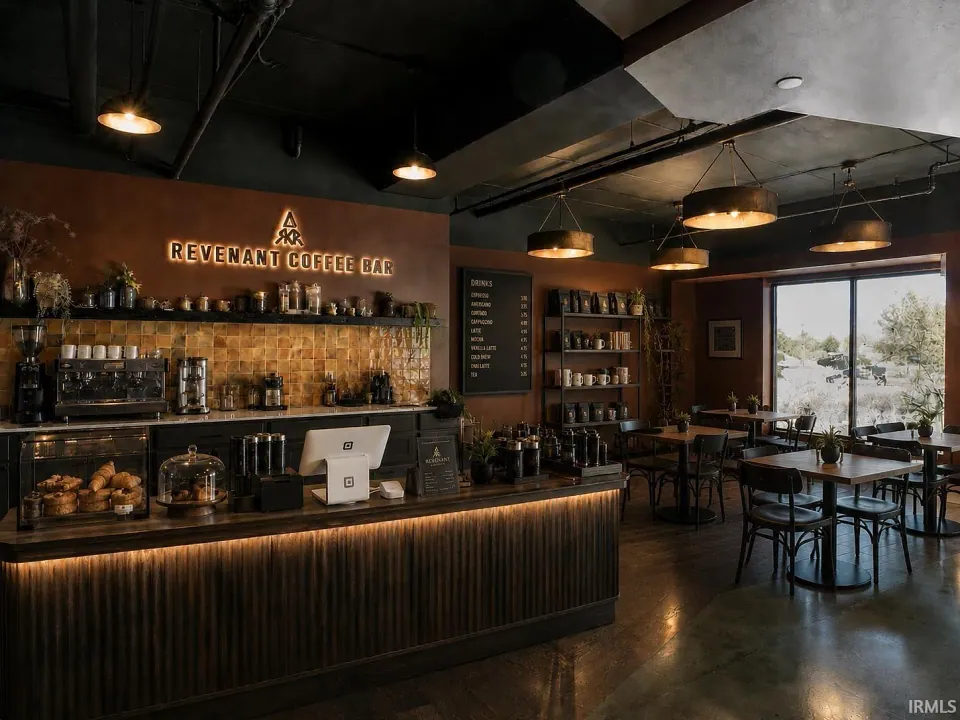Revenant Coffee at River Rock: the counter with an espresso machine and pastries, the menu board, and tables by the window.